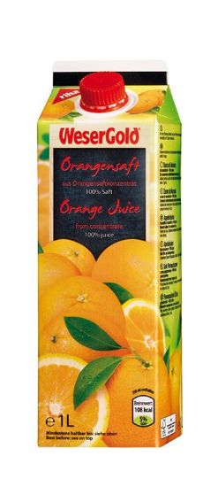 Bild von WG Orangensaft Fruchtgehalt 100% 8x1L mit der Beschreibung WeserGold