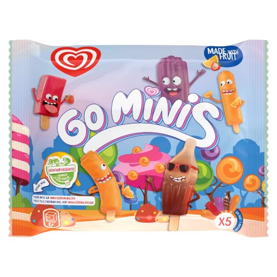 Bild von Go Minis 20x73 ml mit der Beschreibung Vier beliebte Geschmackssorten: Orange, Erdbeere, Brombeere und Cola
