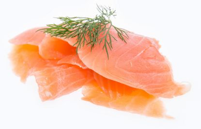 Bild von Räucherlachs, ganze Seite, ohne Haut mit der Beschreibung vorgeschnitten