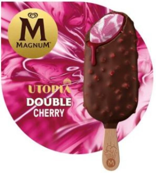 Bild von Magnum Utopia Double Cherry 20 x 85ml mit der Beschreibung Duo aus Eis m.Johannisbeer-Himbeer u.Eis m.Rahm, umhüllt m.Sauerkirschsauce u.Milchschokolade