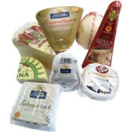 Bild von Ital. Käsesortiment 3,8 kg 8-fach sortiert mit der Beschreibung Scamorza geräuchert, Taleggio, Cremficato Gorgonzola Dolce, Pecorino Sardo Dolce, Provolone Dolche,.