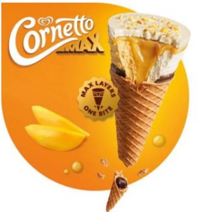 Bild von Cornetto MAX  24 x 115 ml mit der Beschreibung Fruchtiges Mangoeis und cremiges Vanilleeis mit Kokos-Mango-Topping