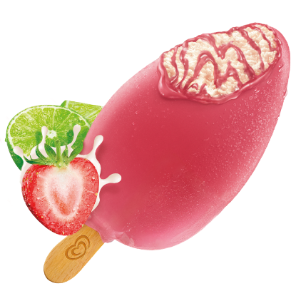 Bild von Solero Strawberry Twist 25 x 90ml mit der Beschreibung Cremiges Vanilleeis durchzogen v.einer Fruchtmarmorierung umhüllt m.Erdbeer-Limetten-Sorbet