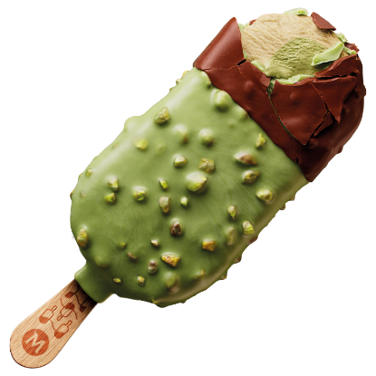 Bild von Magnum La Pistache 20 x 90ml mit der Beschreibung Pistazien-Eiskern in cremigem Eis m.Pistaziengeschmack umhüllt m.süß-salzigem Pistazien-Krokant