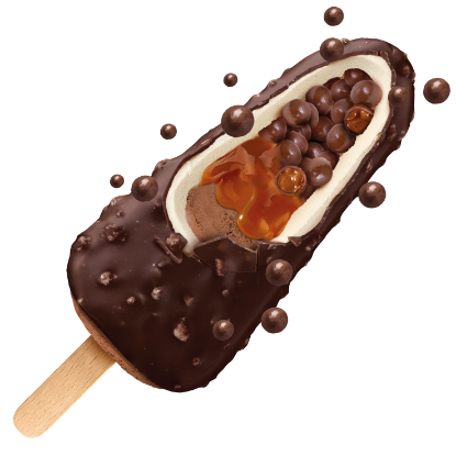 Bild von Volcanix 24 x 80 ml  Genuss-Highlight aus 5 Schichten mit der Beschreibung Schokoladeneis, gesalz.Karamellsauce, Karamellkugeln in Schoko, crem.Vanilleeis, knackige Schokolade