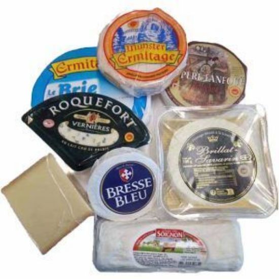 Bild von Frz. Käsesortiment 3,5 kg 8-fach sortiert mit der Beschreibung Roquef.Vernières, Brillat Savarin, Brie Ermitage, Ziegenweichkäserolle, Comté, Bresse Bleu, Reblocho