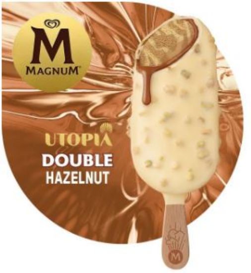 Bild von Magnum Utopia Double Hazelnut 20 x 85 ml mit der Beschreibung Verstrudeltes Eis m.Haselnuß-, Karamell-, u. Mandelgeschmack in weißer Schokolade m. Nußstücken