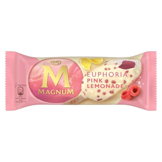 Bild von Magnum Euphoria Pink Lemonade 20x90 ml mit der Beschreibung Erfrischendes Zitroneneis m.fruchtigem Kern aus Himbeersorbet in weißer Schokolade m.Knisterstückch.