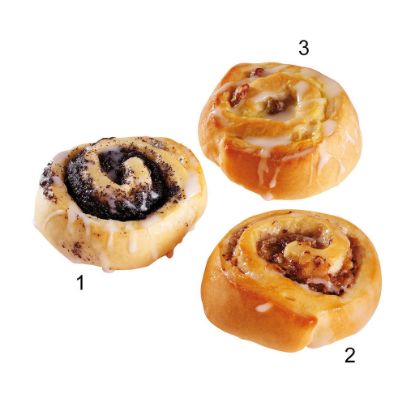 Bild von MiKa Mini Schnecken 120x40g,  fertig gebacken, 3-fach sort. >40x Mohn, 40x Nuss, 40x Pudding mit der Beschreibung EDNA - Vorbestellung 3 Werktage