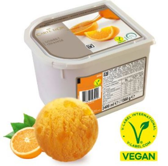 Bild von CDO 2x2,4L Sorbet Orange vegan mit der Beschreibung Zartschmelzend u. erfrischend fruchtig, mit 69% Fruchtanteil inkl. Fruchtstücken.