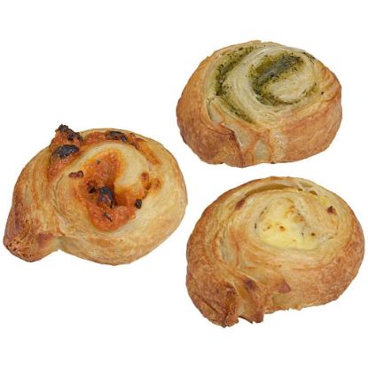 Bild von Mini Mix Schnecken gesalzen, 3-fach sortiert, 225 x 33 g, Blätterteig herzhaft gefüllt, Teigling mit der Beschreibung EDNA - Vorbestellung 3 Werktage